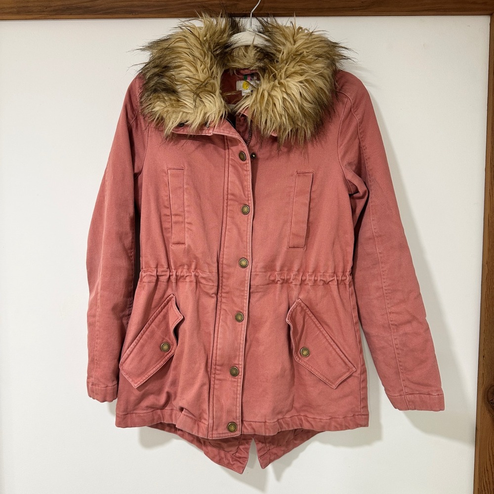 Boden Women Pink Faux Fur Trim Anorak Parka Jacket Size US 4 Utility Field Coat